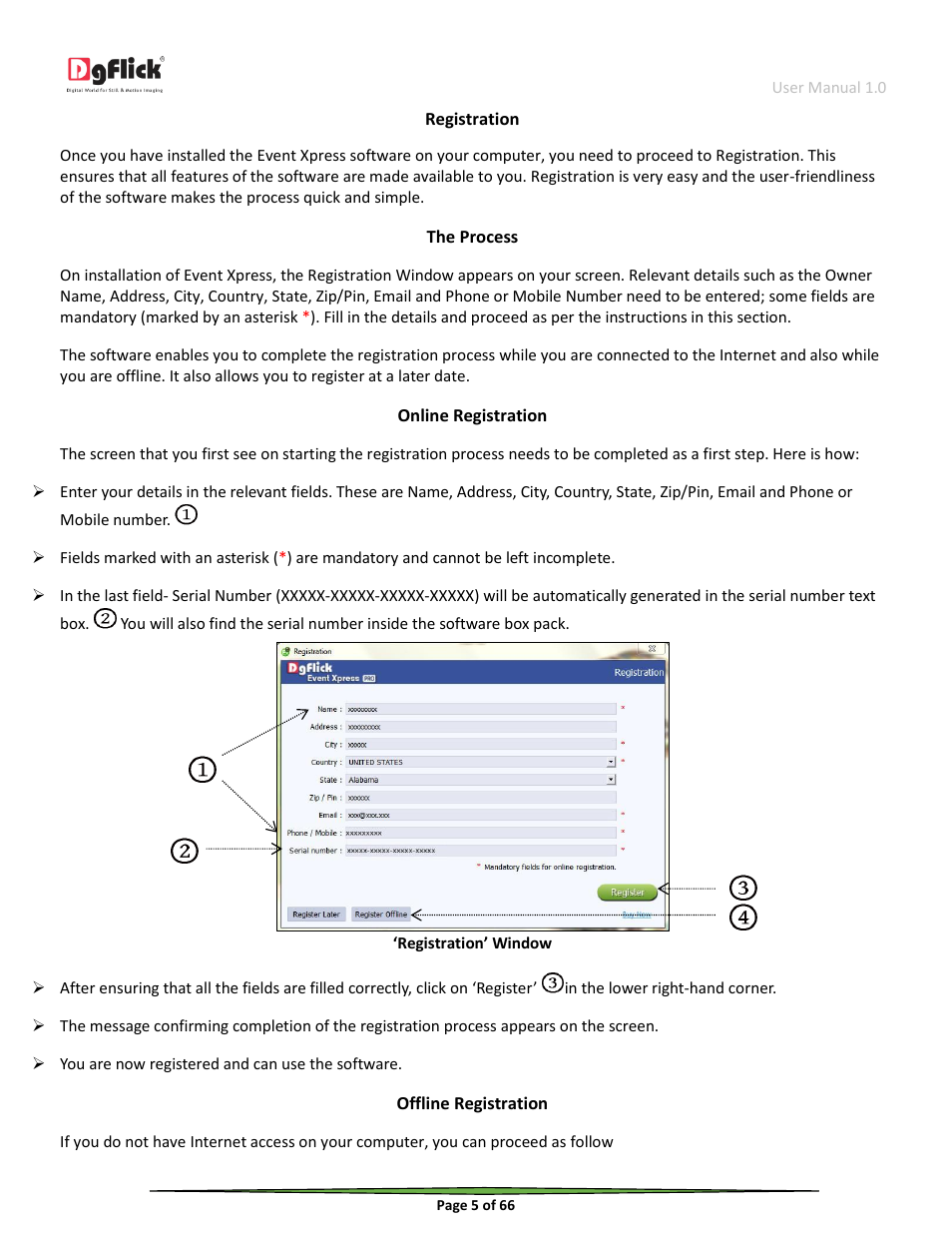 Registration, Online registration, Offline registration | DgFlick Event Xpress User Manual | Page 5 / 66