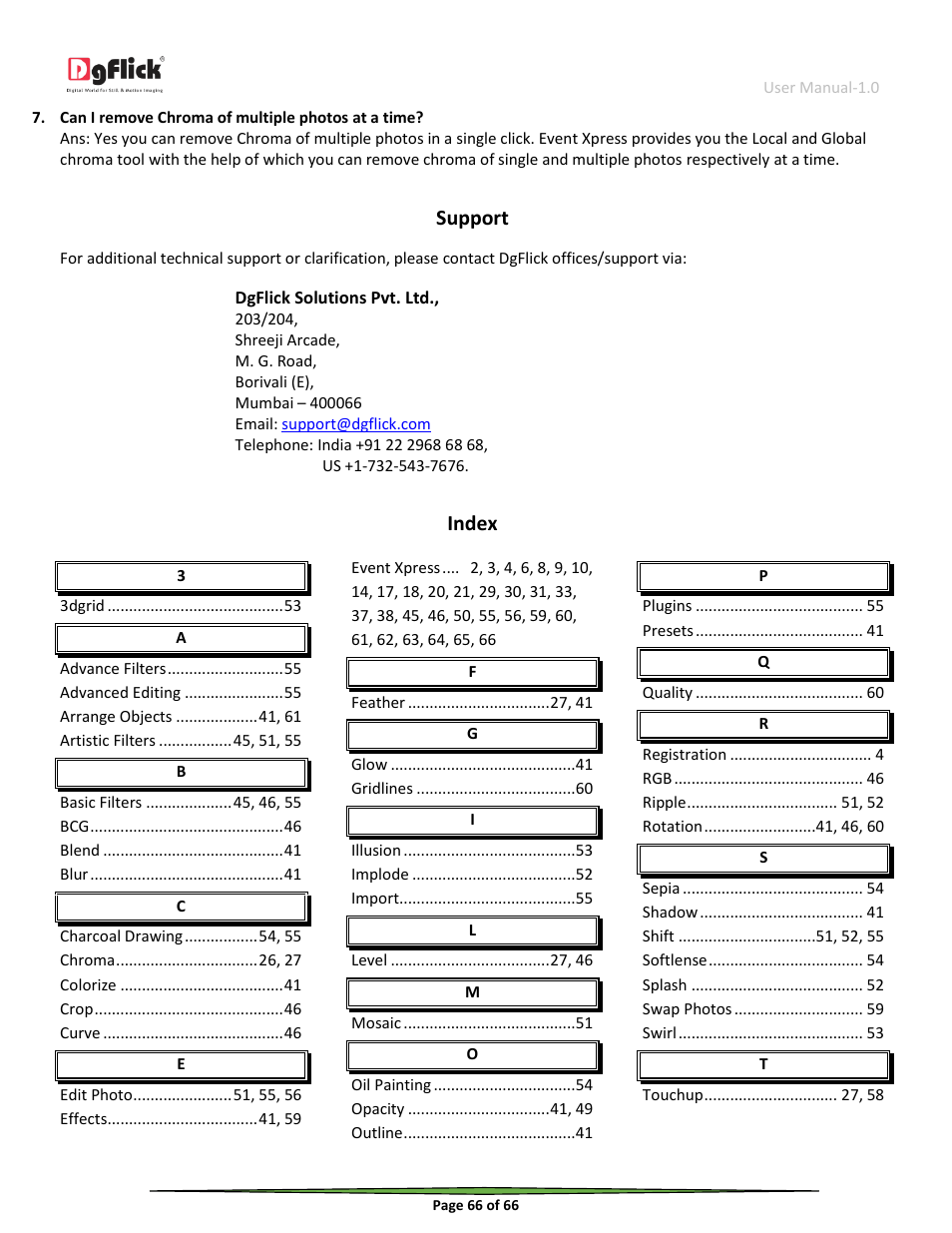 Support, Index | DgFlick Event Xpress User Manual | Page 66 / 66