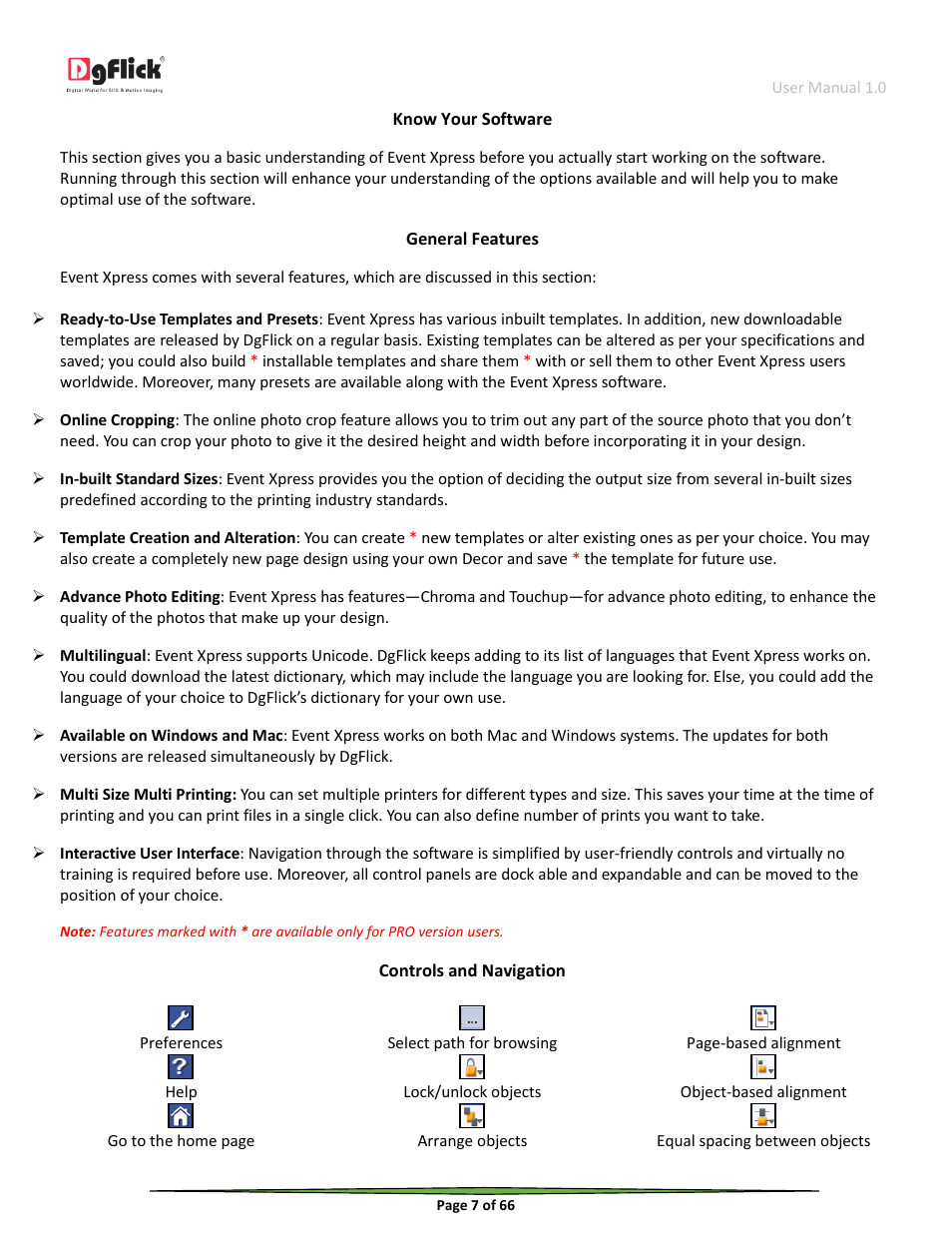 Know your software, General features, Controls and navigation | DgFlick Event Xpress User Manual | Page 7 / 66