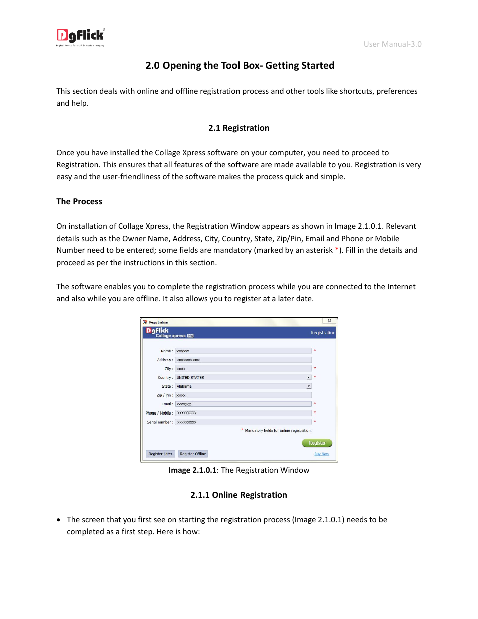 Registration, Online registration, 0 opening the tool box- getting started | DgFlick CollageXpress User Manual | Page 5 / 70