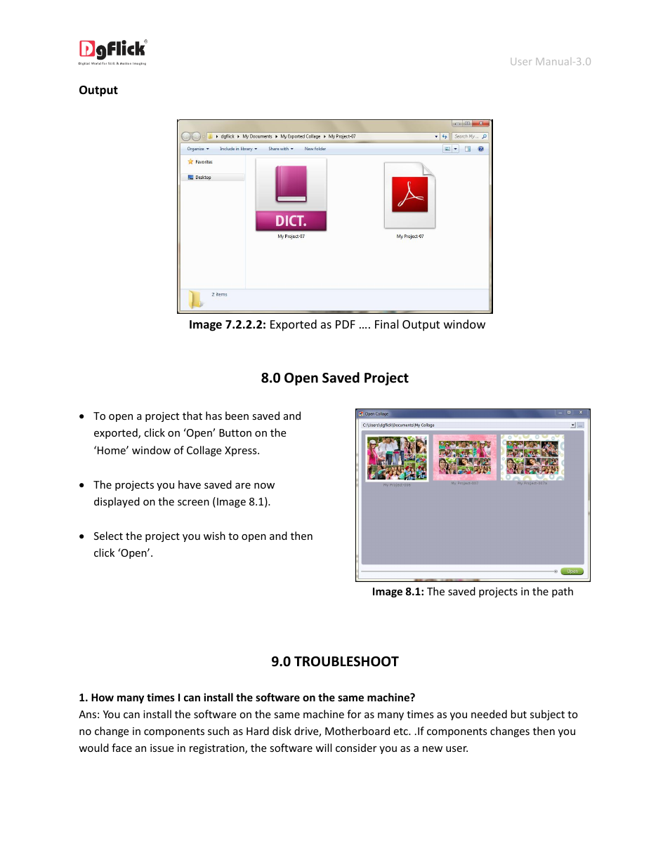 Open saved project, Troubleshoot, 0 open saved project | 0 troubleshoot | DgFlick CollageXpress User Manual | Page 69 / 70