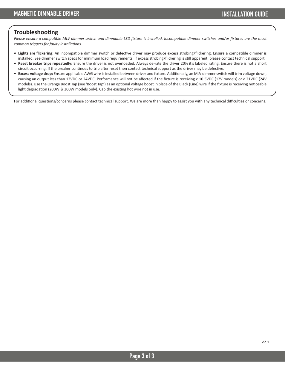 Page 3 of 3, Magnetic dimmable driver installation guide, Troubleshooting | Diode LED Magnetic Dimmable Driver 12V & 24V User Manual | Page 3 / 3