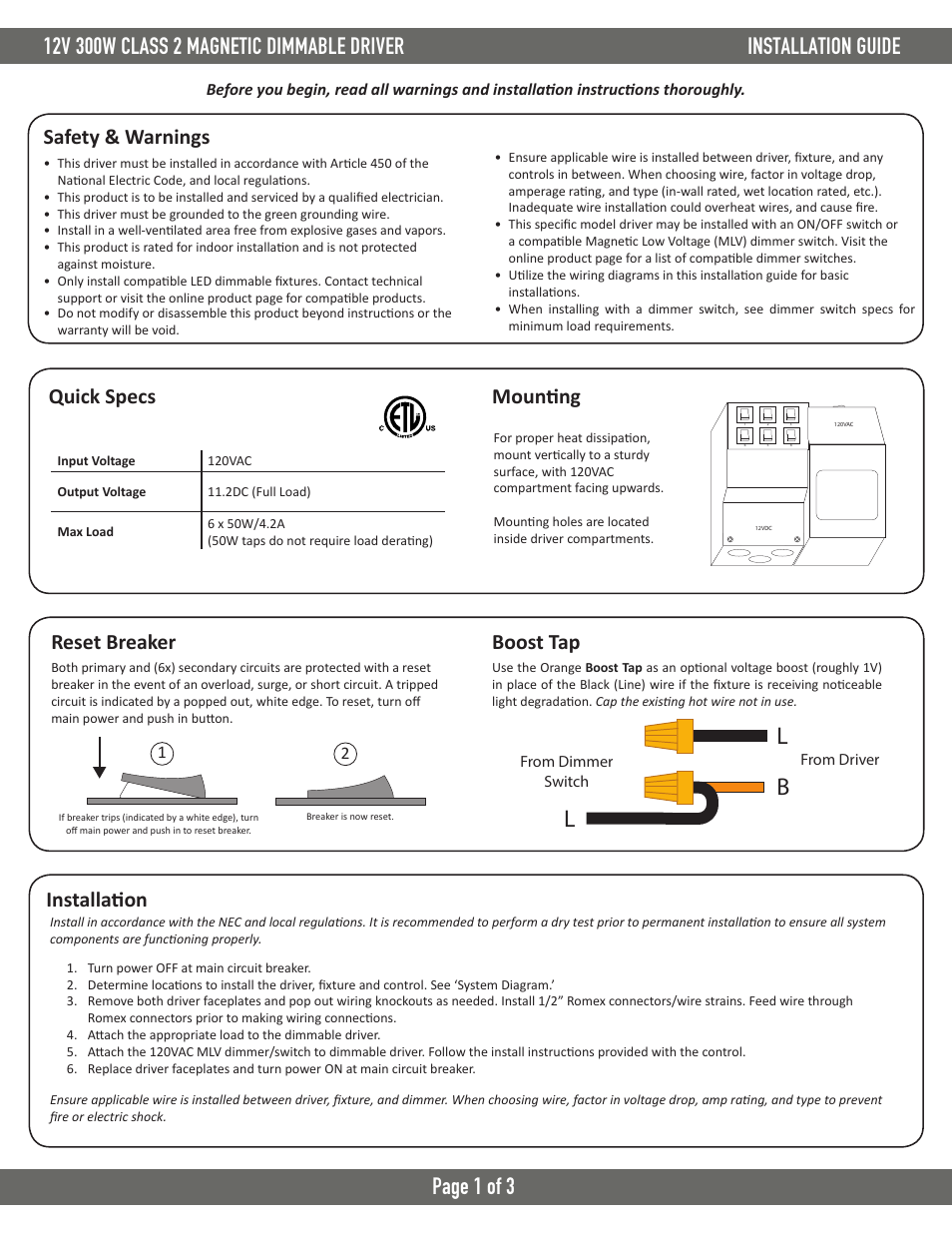 Diode LED Class 2 Dimmable Driver 12V 300W User Manual | 3 pages