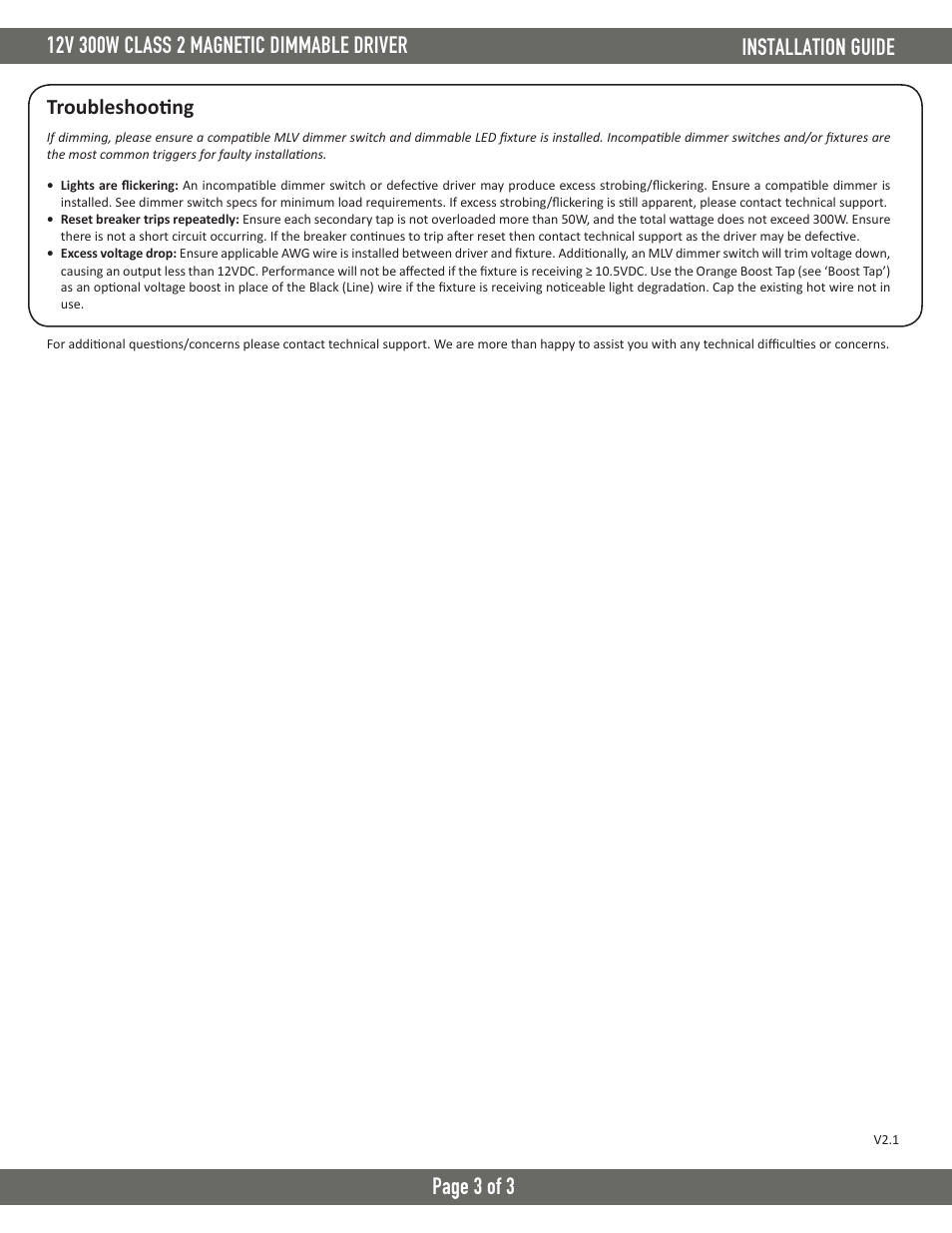 Page 3 of 3, Troubleshooting | Diode LED Class 2 Dimmable Driver 12V 300W User Manual | Page 3 / 3