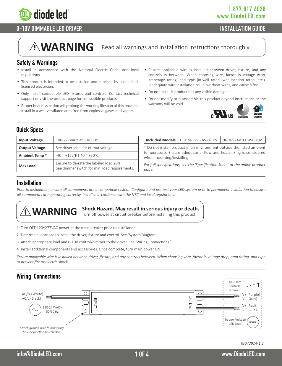 Diode LED Dimmable Driver 0-10V User Manual | 4 pages