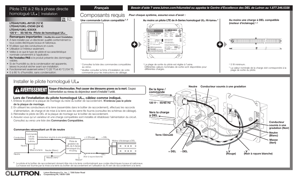 Avertissement, Composants requis, Installer le pilote homologué ulr | Pilote lte à 2 fils à phase directe homologué ulr, Installation, Français | Diode LED Lutron Hi-Lume LTE User Manual | Page 3 / 6