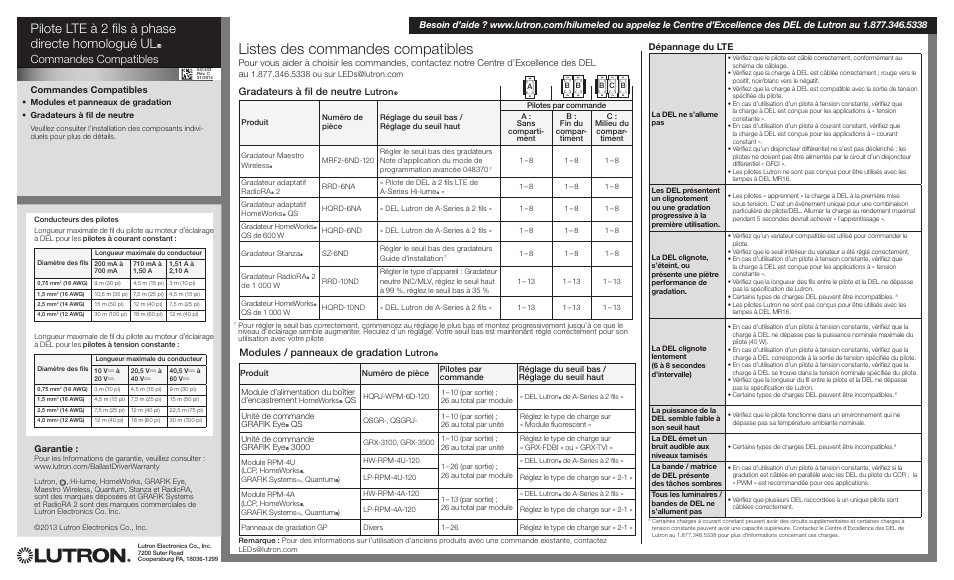 Listes des commandes compatibles, Pilote lte à 2 fils à phase directe homologué ulr, Commandes compatibles | Gradateurs à fil de neutre, Modules / panneaux de gradation, Garantie, Lutron, Dépannage du lte | Diode LED Lutron Hi-Lume LTE User Manual | Page 4 / 6