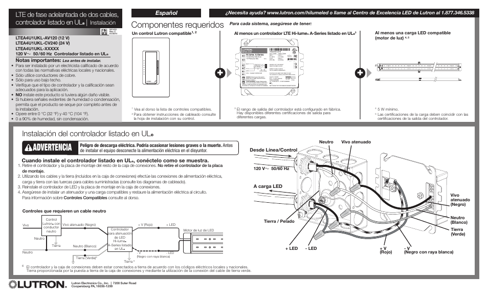 Advertencia, Componentes requeridos, Instalación del controlador listado en ulr | Instalación, Español | Diode LED Lutron Hi-Lume LTE User Manual | Page 5 / 6