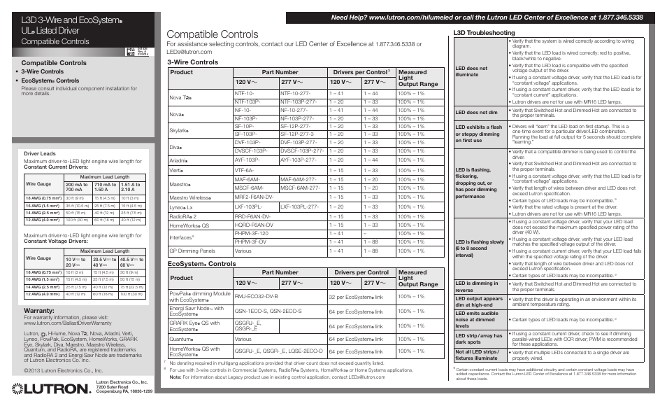 L3d 3-wire and ecosystemr ulr listed driver, Wire controls, Ecosystem r controls | Warranty, Compatible controls, L3d troubleshooting | Diode LED Lutron Hi-Lume L3D User Manual | Page 2 / 6