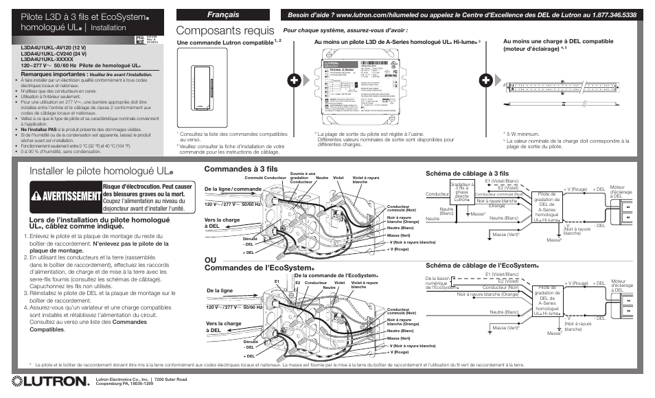 Avertissement, Composants requis, Installer le pilote homologué ulr | Pilote l3d à 3 fils et ecosystemr homologué ulr, Installation, Français, Commandes à 3 fils, Commandes de l'ecosystem r | Diode LED Lutron Hi-Lume L3D User Manual | Page 3 / 6