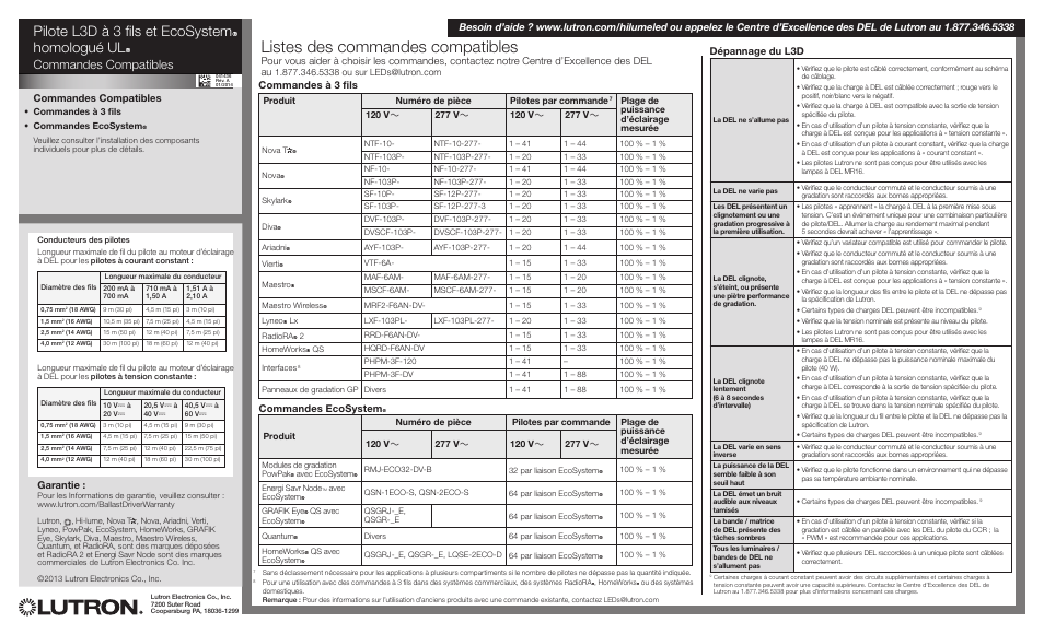 Listes des commandes compatibles, Pilote l3d à 3 fils et ecosystemr homologué ulr, Commandes compatibles | Garantie, Commandes à 3 fils, Commandes ecosystem r, Dépannage du l3d | Diode LED Lutron Hi-Lume L3D User Manual | Page 4 / 6