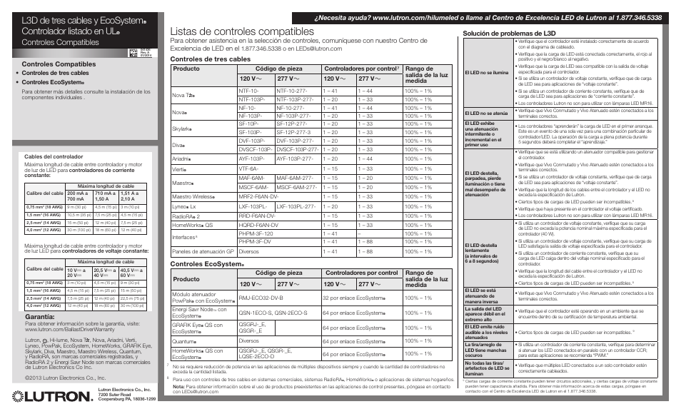 Listas de controles compatibles, Controles compatibles, Garantía | Controles de tres cables, Controles ecosystem r, Solución de problemas de l3d | Diode LED Lutron Hi-Lume L3D User Manual | Page 6 / 6