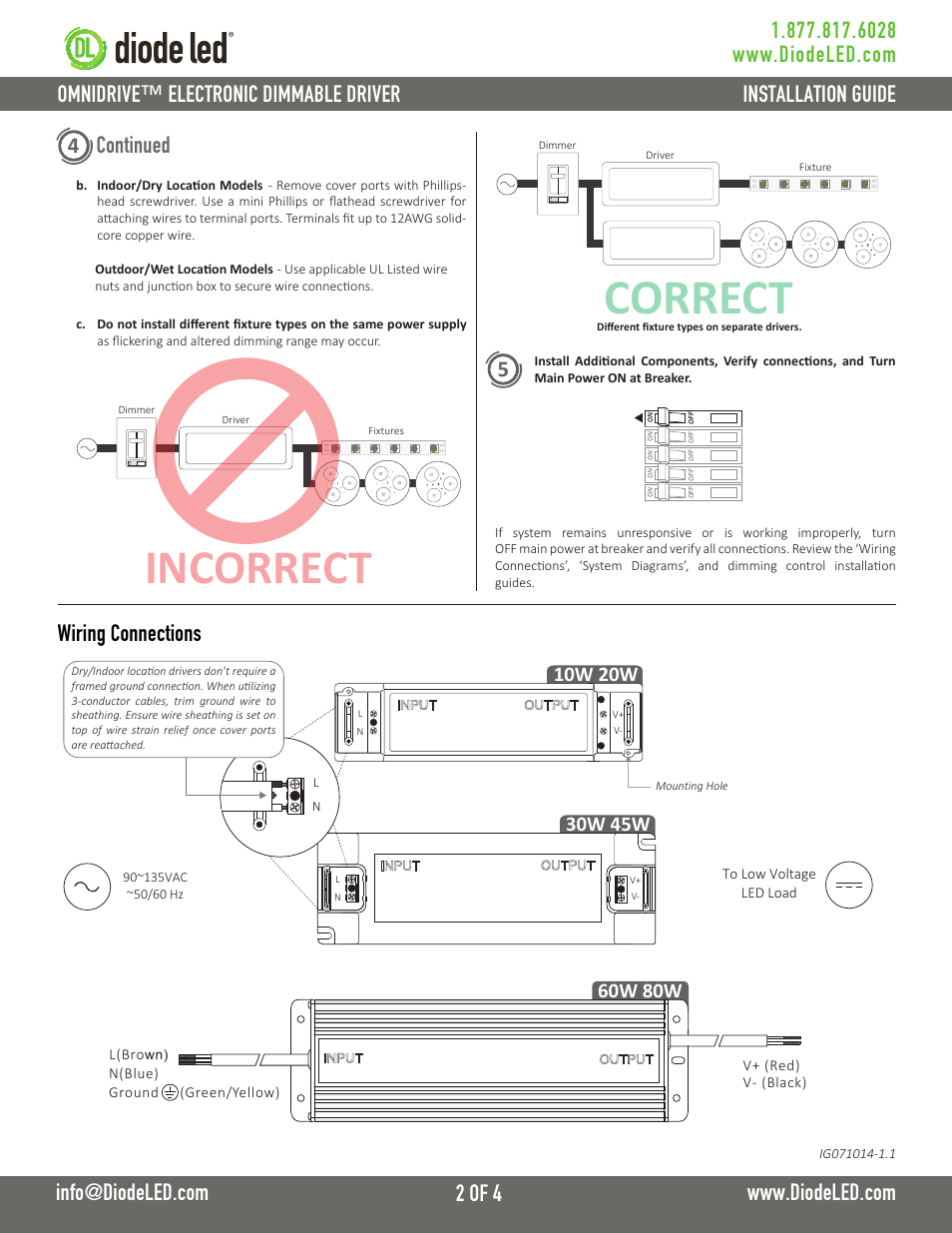 Correct, Incorrect, Omnidrive™ electronic dimmable driver | Continued, Wiring connections, 10w 20w | Diode LED OMNIDRIVE User Manual | Page 2 / 4