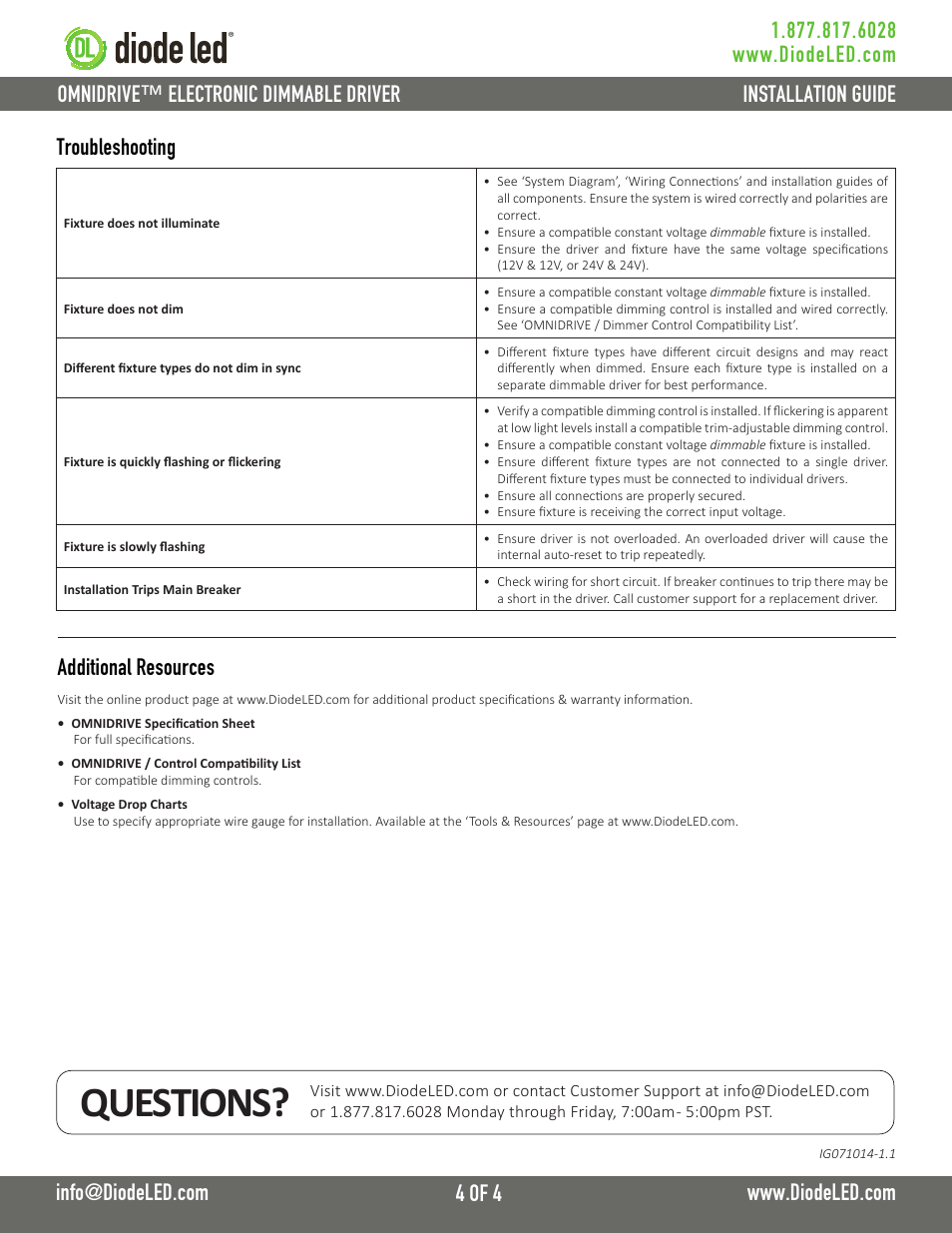 Questions, Omnidrive™ electronic dimmable driver, Additional resources | Troubleshooting | Diode LED OMNIDRIVE User Manual | Page 4 / 4