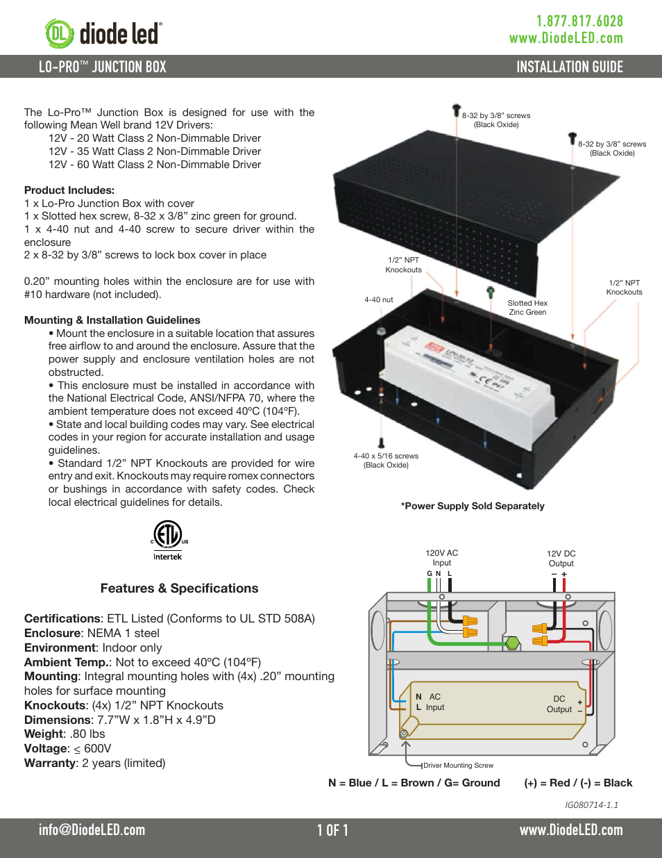 Diode LED LO-PRO Junction Box User Manual | 1 page