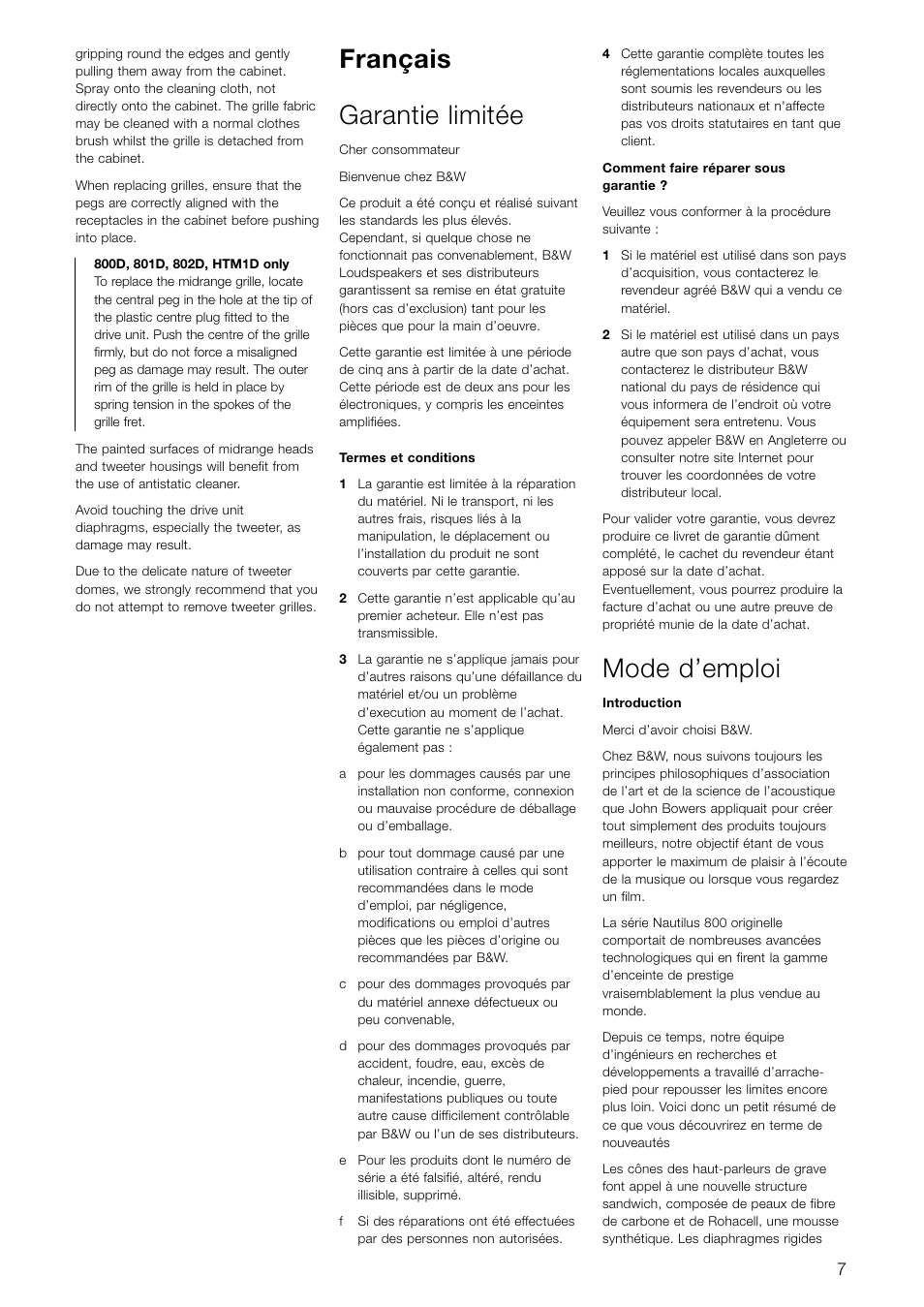 Français garantie limitée, Mode d’emploi | Bowers & Wilkins 803S User Manual | Page 10 / 10