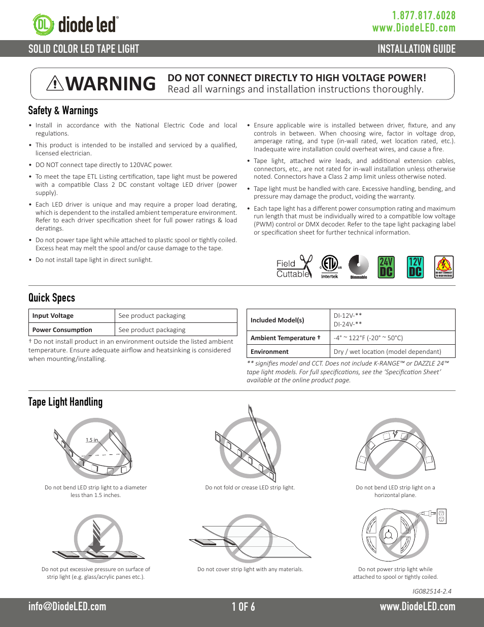 Diode LED Solid Color Tape Light User Manual | 6 pages
