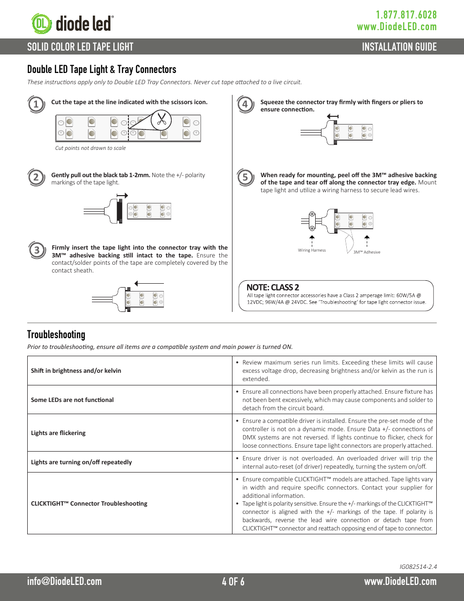 Double led tape light & tray connectors, Troubleshooting | Diode LED Solid Color Tape Light User Manual | Page 4 / 6