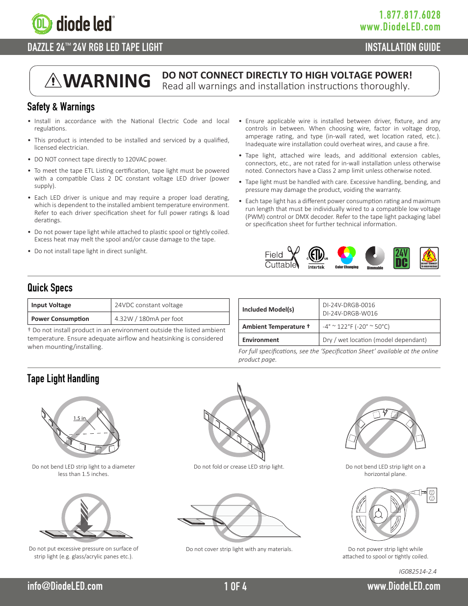 Diode LED RGB LED Tape Light User Manual | 4 pages