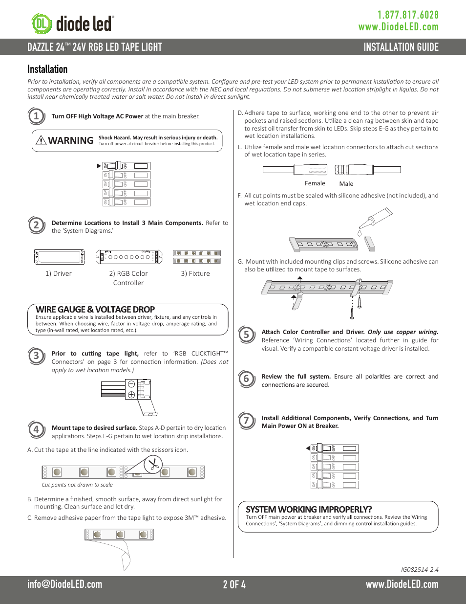 24v rgb led tape light, Installation, Warning | Diode LED RGB LED Tape Light User Manual | Page 2 / 4