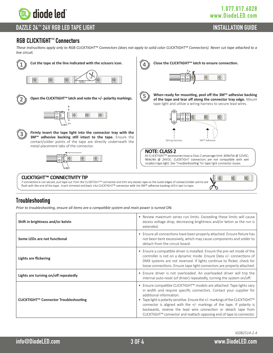 24v rgb led tape light, Rgb clicktight, Connectors | Troubleshooting | Diode LED RGB LED Tape Light User Manual | Page 3 / 4