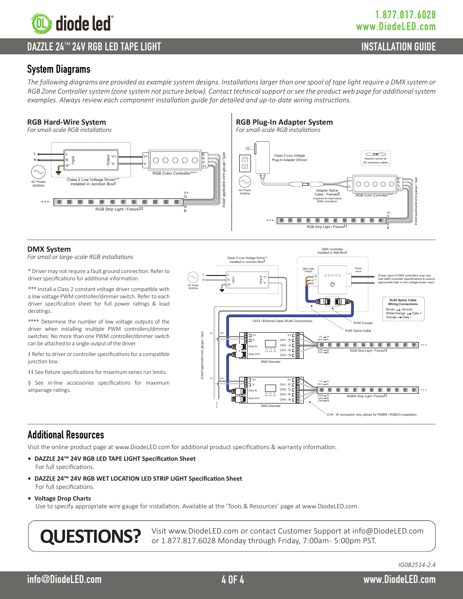Questions, 24v rgb led tape light, System diagrams | Additional resources, Rgb plug-in adapter system rgb hard-wire system, Dmx system, For small-scale rgb installations, For small or large-scale rgb installations | Diode LED RGB LED Tape Light User Manual | Page 4 / 4