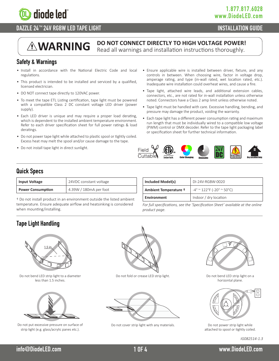 Diode LED RGBW LED Tape Light User Manual | 4 pages