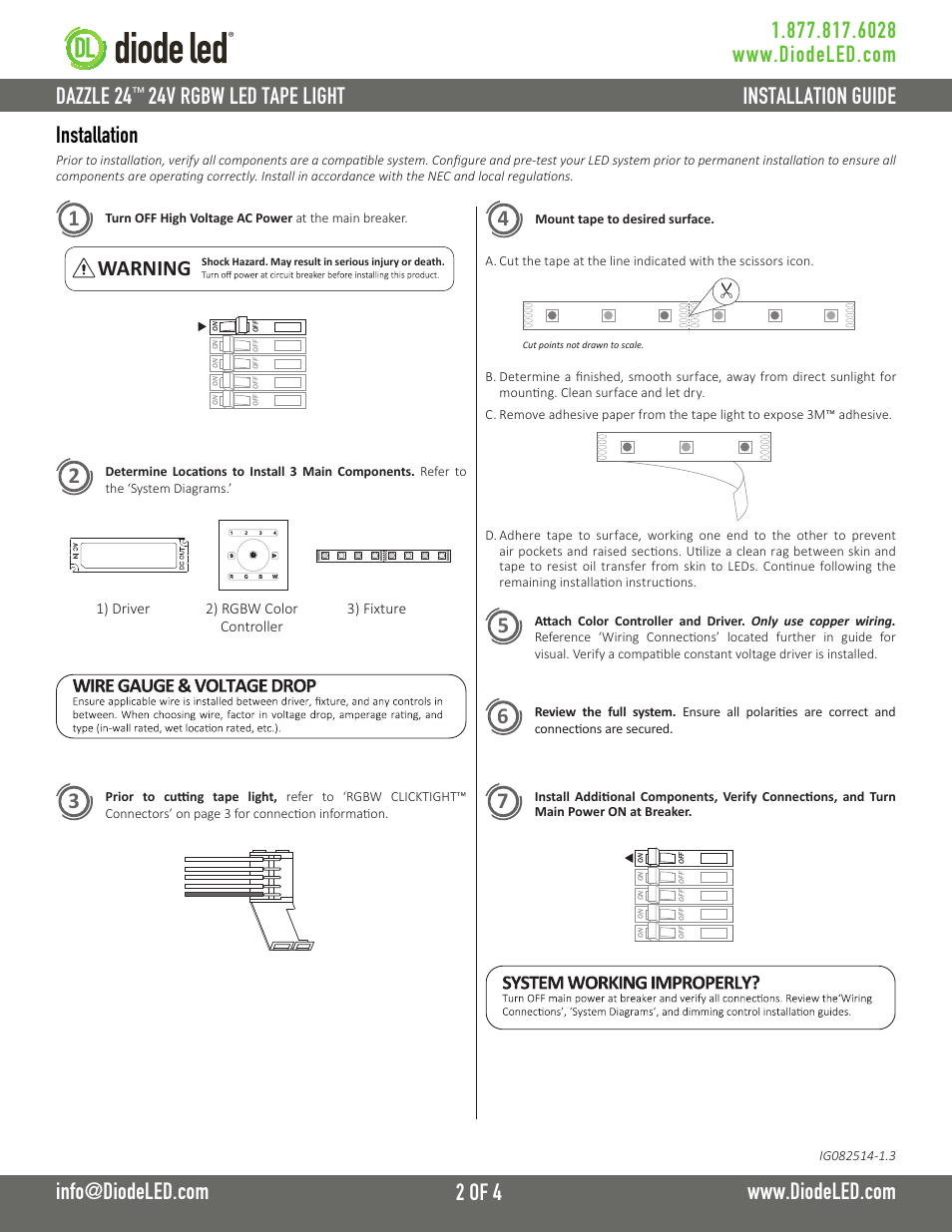 24v rgbw led tape light, Installation, Warning | Diode LED RGBW LED Tape Light User Manual | Page 2 / 4