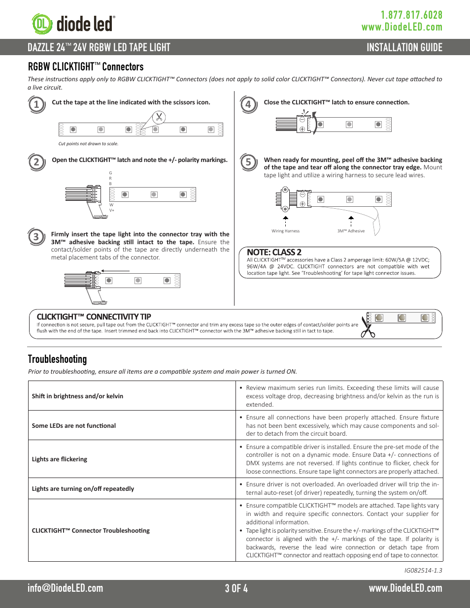 24v rgbw led tape light, Rgbw clicktight, Connectors troubleshooting | Diode LED RGBW LED Tape Light User Manual | Page 3 / 4