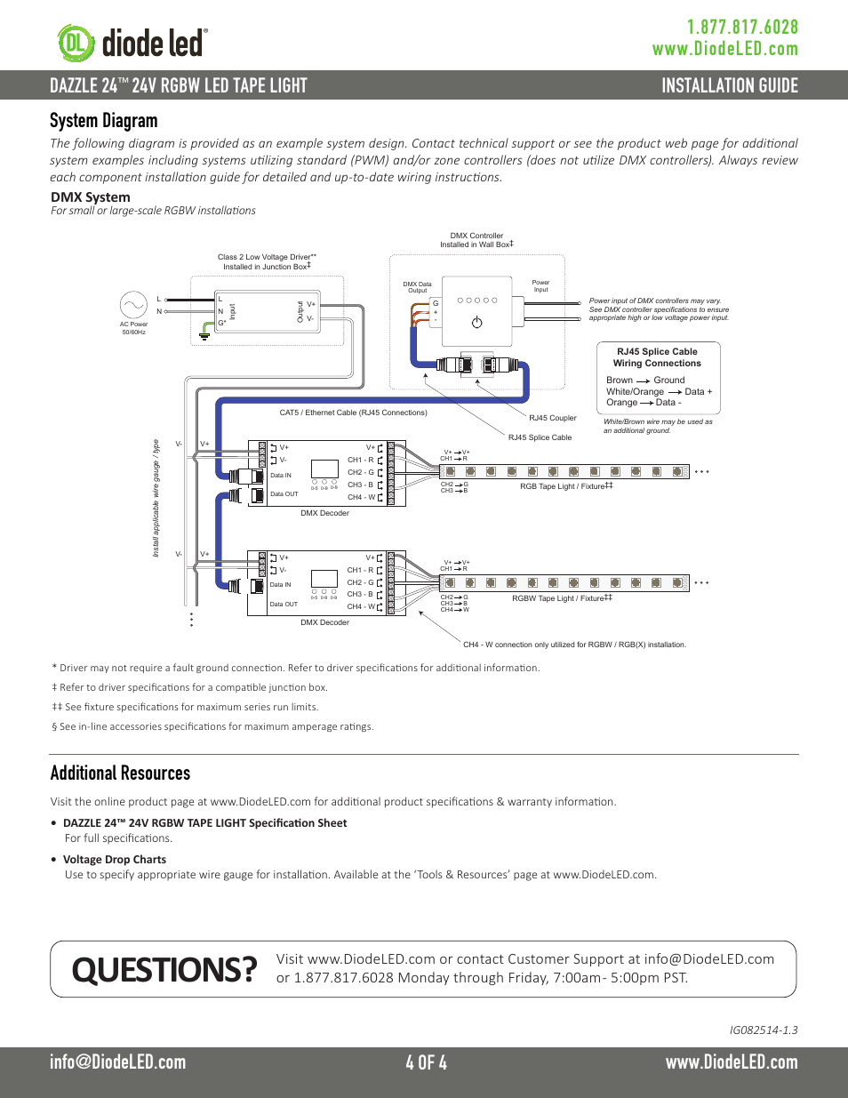 Questions, 24v rgbw led tape light, System diagram | Additional resources, Dmx system | Diode LED RGBW LED Tape Light User Manual | Page 4 / 4