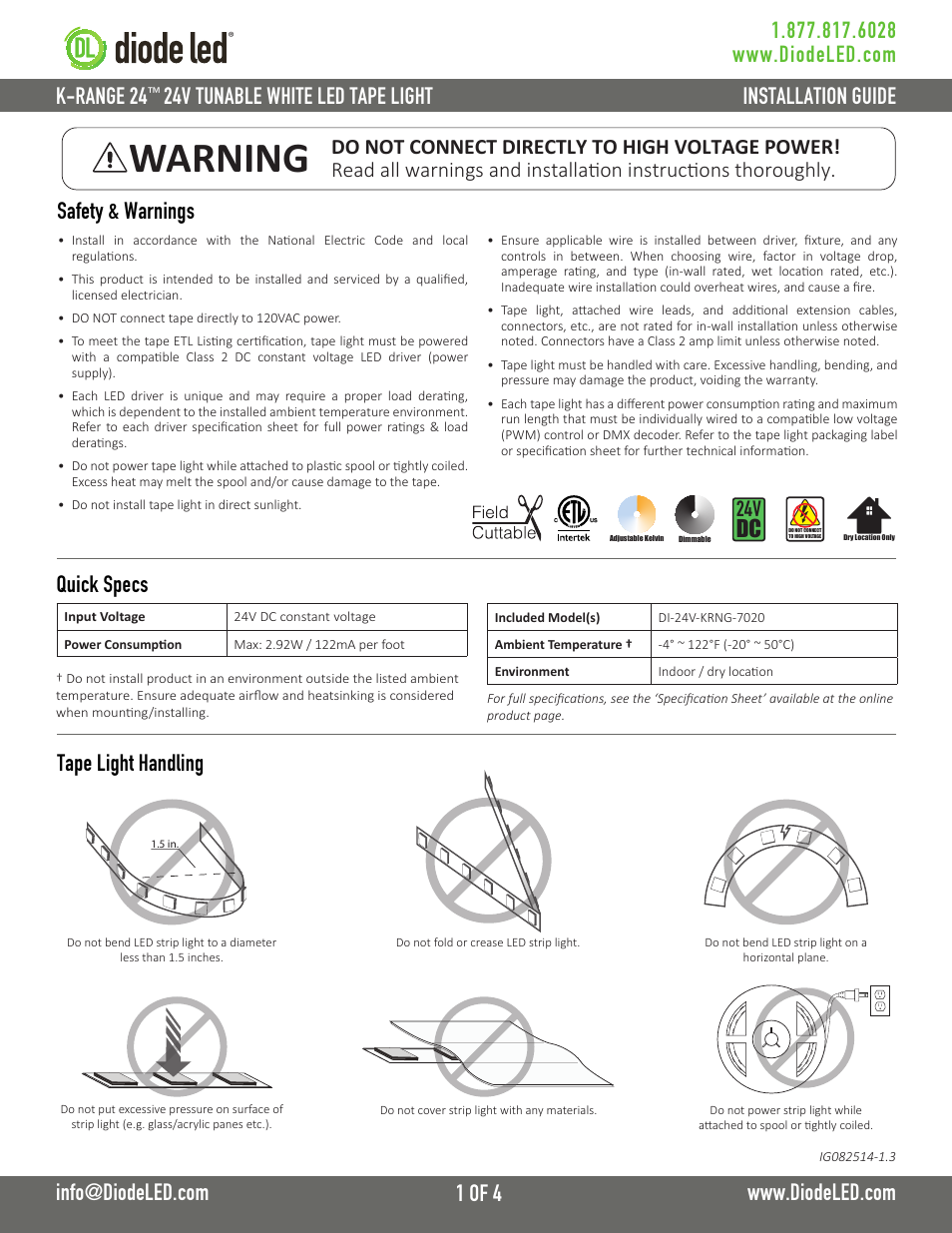 Diode LED K-RANGE 24 LED Tape Light User Manual | 4 pages