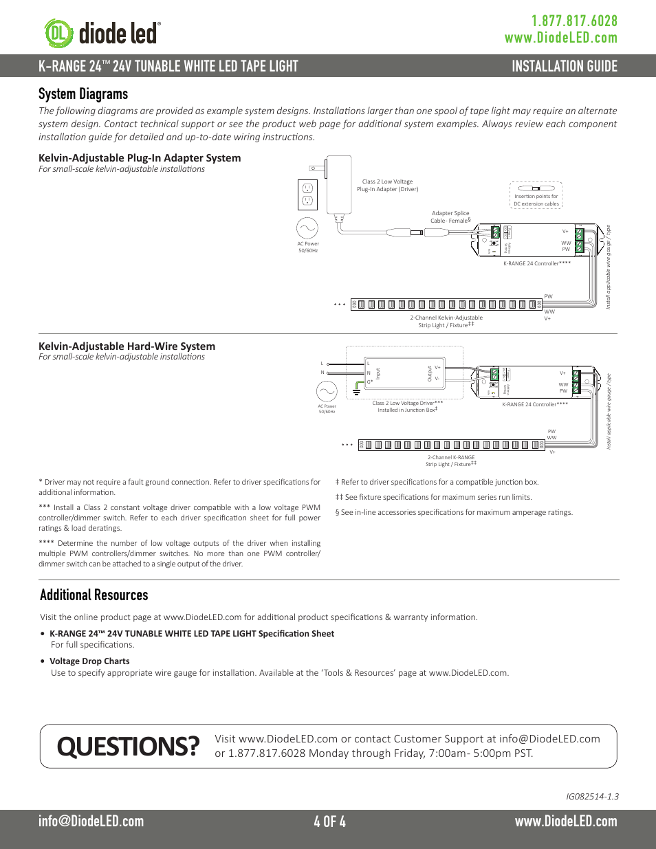 Questions, 24v tunable white led tape light, System diagrams | Additional resources, For small-scale kelvin-adjustable installations | Diode LED K-RANGE 24 LED Tape Light User Manual | Page 4 / 4