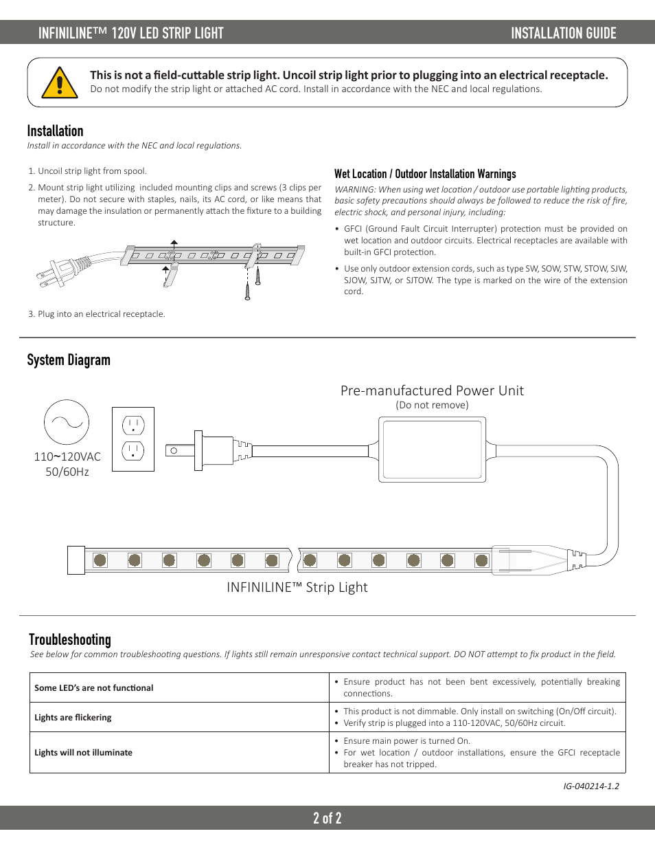Installation, System diagram, Troubleshooting | Pre-manufactured power unit, Infiniline™ strip light | Diode LED INFINILINE User Manual | Page 2 / 2