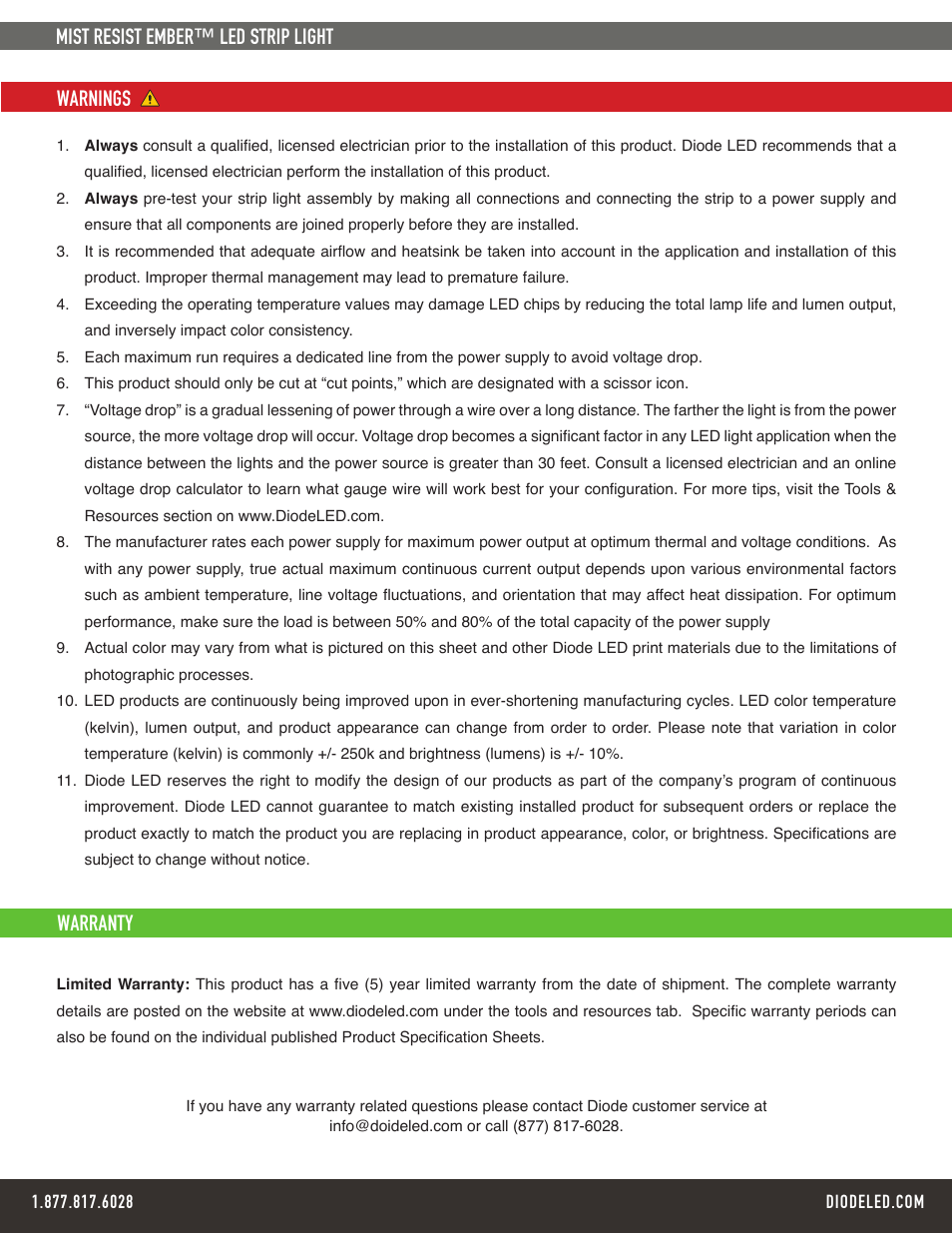 Mist resist ember™ led strip light warnings, Warranty | Diode LED Mist-Resist User Manual | Page 4 / 4