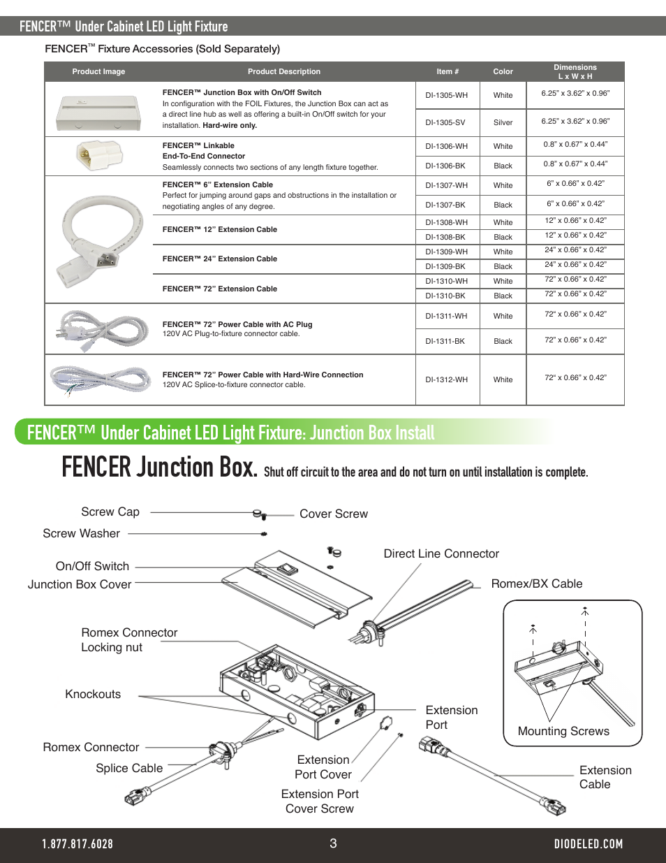 Fencer junction box, Fencer™ under cabinet led light fixture, Mounting screws | Diode LED FENCER 120V Under Cabinet & Linear Fixture Series User Manual | Page 3 / 5