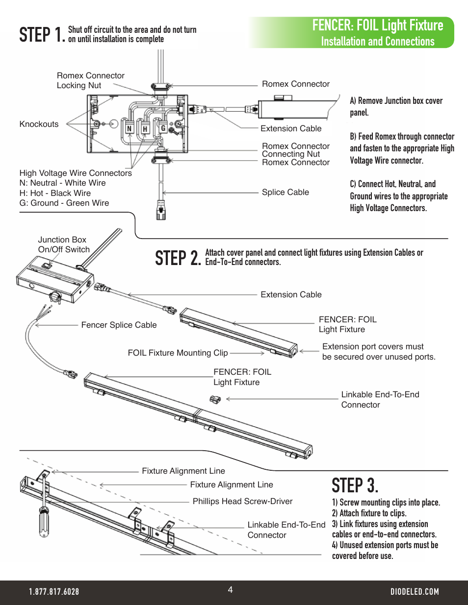 Step 1. step 2. step 3, Fencer: foil light fixture, Installation and connections | Diode LED FENCER 120V Under Cabinet & Linear Fixture Series User Manual | Page 4 / 5