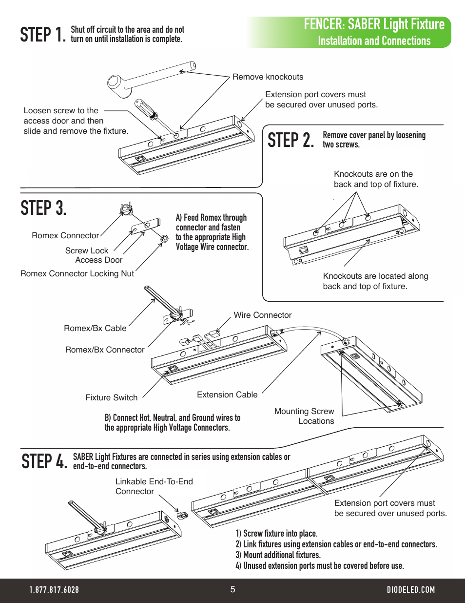 Step 1. step 2. step 3. step 4, Fencer: saber light fixture, Installation and connections | Diode LED FENCER 120V Under Cabinet & Linear Fixture Series User Manual | Page 5 / 5