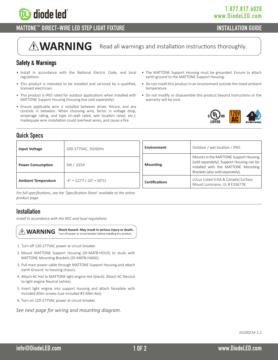 Diode LED MATTONE User Manual | 2 pages