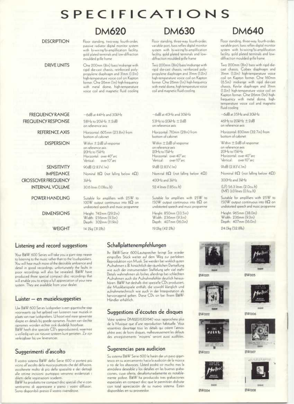 Dm620, Dm630, Dm640 | Listenins and record sussestions, Luister — en muzieksusgesties, Susserìmentì d ascolto, Schallplattenempfehlunsen, Sugsestions d'écoutes de disques, Sugerencias para audición | Bowers & Wilkins DM630 User Manual | Page 12 / 12