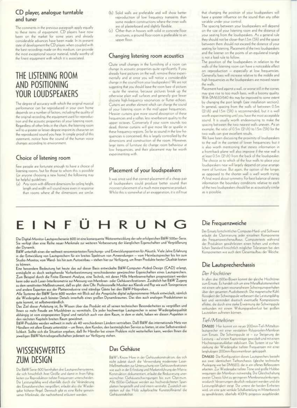 Cd playeo analosue turntable and tuner, Choice of listenins room, Chansins listening room acoustics | Placement of your loudspeakers, Einführung die frequenzweiche, Wissenswertes zum design, Das gehäuse, Die lautsprecherchassis, Die frequenzweiche | Bowers & Wilkins DM630 User Manual | Page 3 / 12