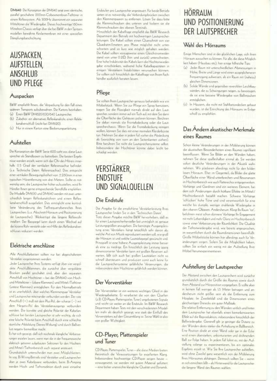 Auspacken, Aufstellen, Anschluß und pflege | Auspackcn, Auistellen, Elektrische anschlüsse, Pflese, Verstärker, Endstufe, Und sionalquellen | Bowers & Wilkins DM630 User Manual | Page 4 / 12