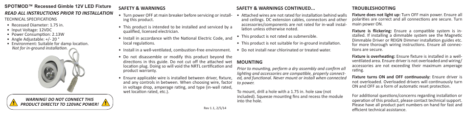 Diode LED SPOTMOD Recessed Gimbal Fixture User Manual | 2 pages