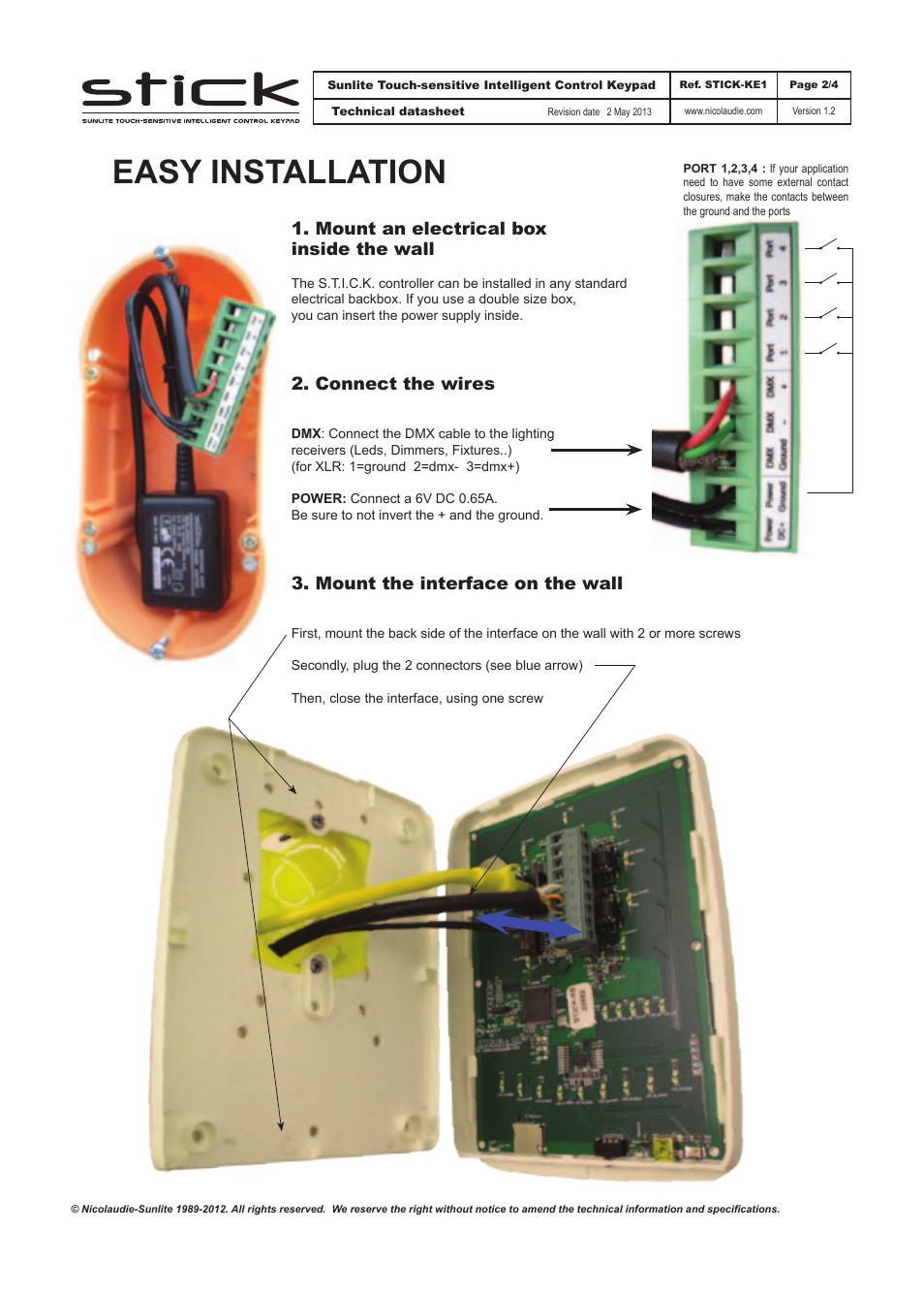 Easy installation, Mount an electrical box inside the wall, Connect the wires | Mount the interface on the wall | Diode LED Nicolaudie STICK 1 User Manual | Page 2 / 4