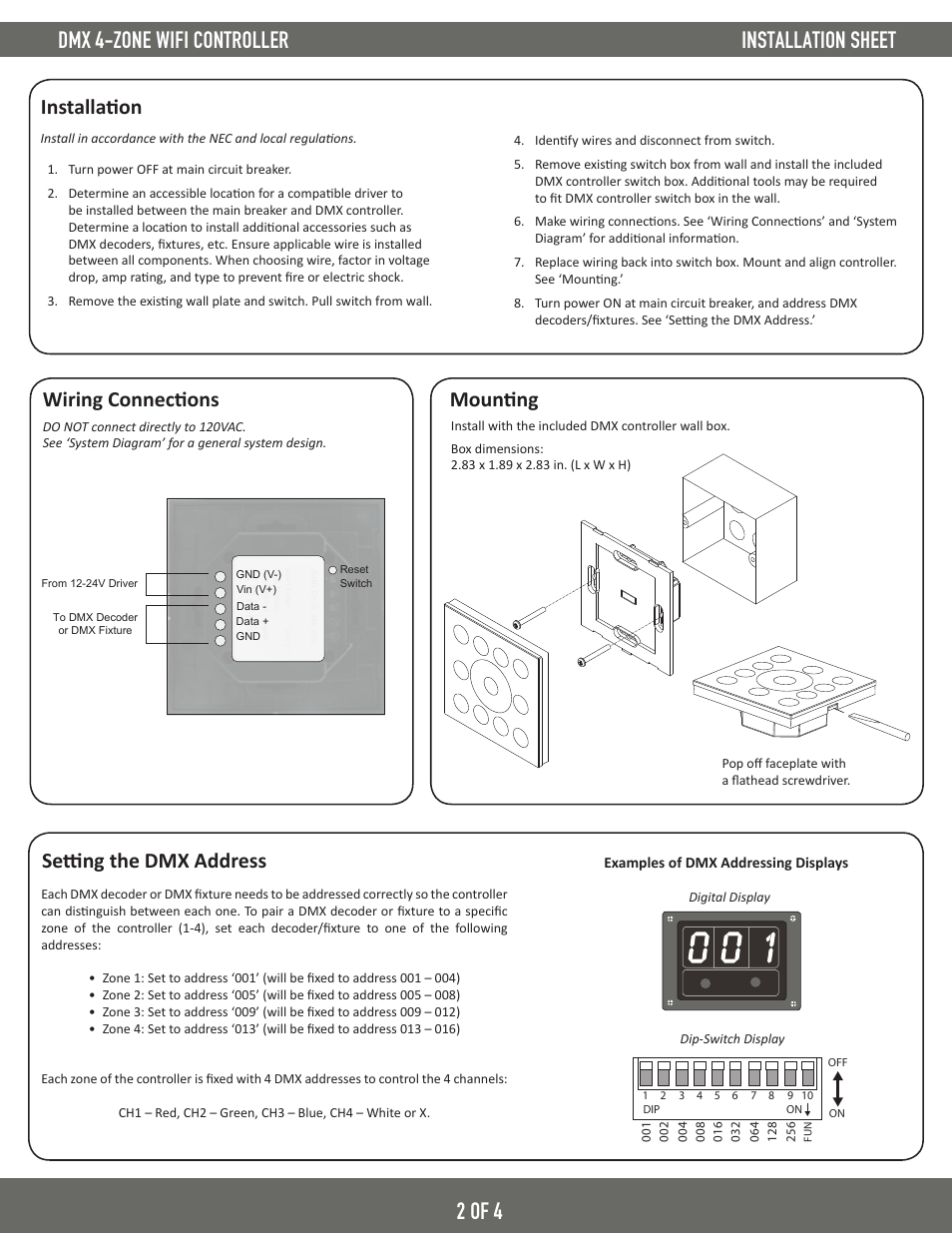 2 of 4 installation sheet, Dmx 4-zone wifi controller, Setting the dmx address | Mounting wiring connections, Installation | Diode LED Nicolaudie Easy-Stand-Alone User Manual | Page 2 / 4