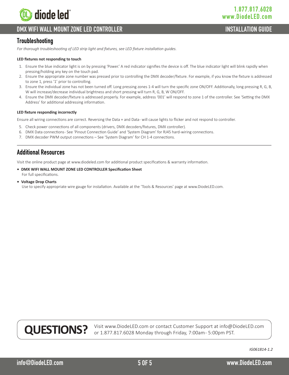 Questions, Additional resources, Troubleshooting | Diode LED DMX WiFi Wall Mount User Manual | Page 5 / 5