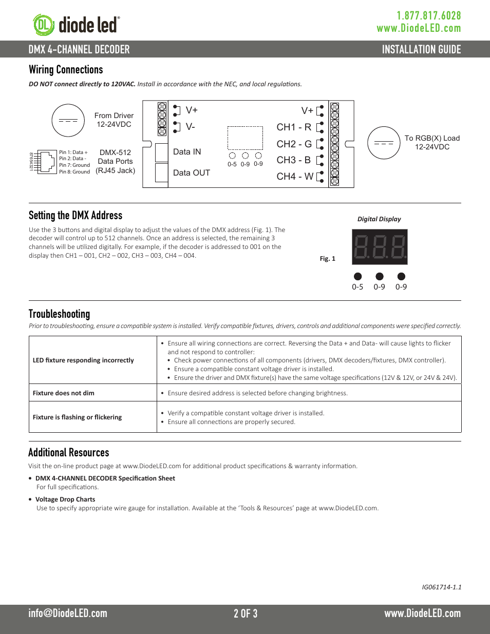 Additional resources, Wiring connections, Troubleshooting setting the dmx address | Diode LED DMX 4-Channel Decoder User Manual | Page 2 / 3