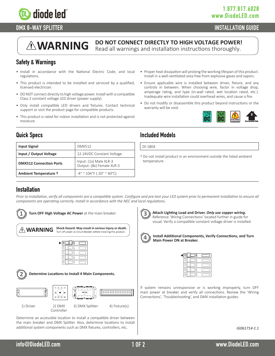 Diode LED DMX 8-Way Splitter User Manual | 2 pages