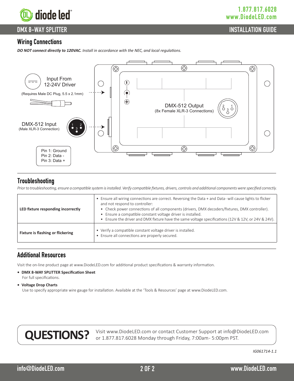 Questions, Additional resources, Wiring connections | Troubleshooting | Diode LED DMX 8-Way Splitter User Manual | Page 2 / 2