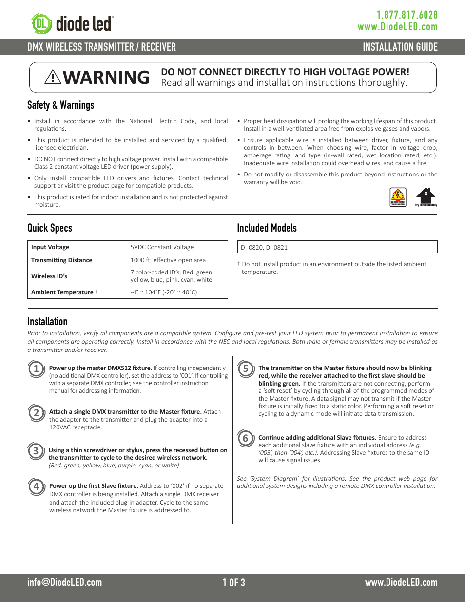 Diode LED DMX Wireless Transmitter/Reciever User Manual | 3 pages