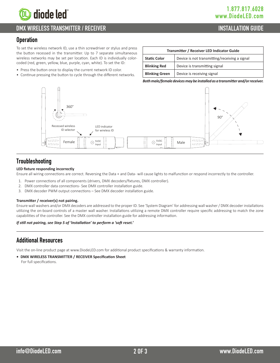 Additional resources, Operation troubleshooting | Diode LED DMX Wireless Transmitter/Reciever User Manual | Page 2 / 3
